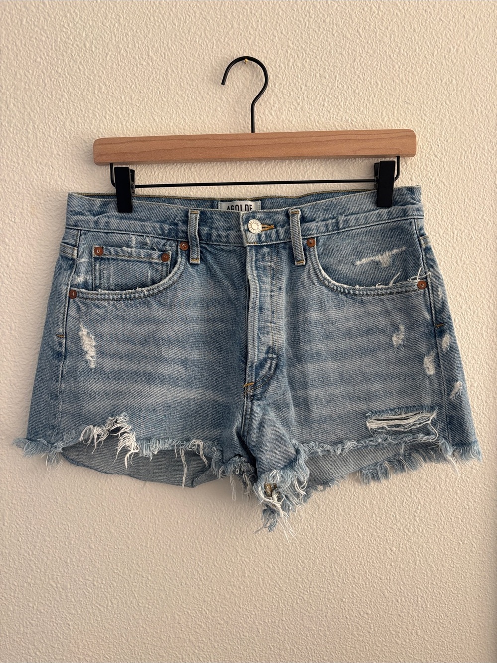 AGOLDE Light Blue Distressed Denim Cutoff Shorts